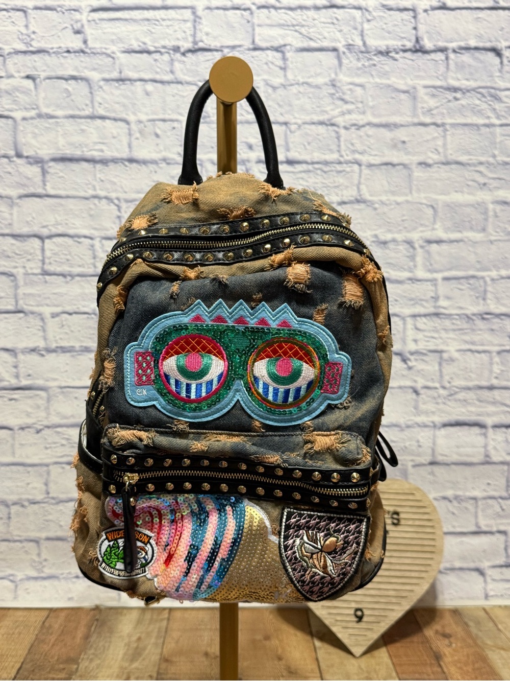 Distressed Soft Denim Backpack Patches Embroidery Sequins Eyes Grunge Studs Zip